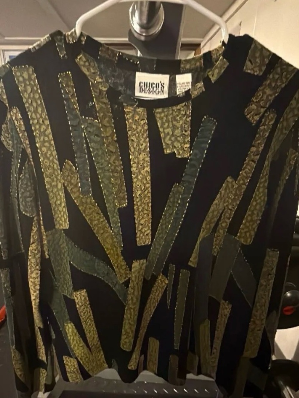 Chico's Black Top with Olive & Gold Metallic Stripes